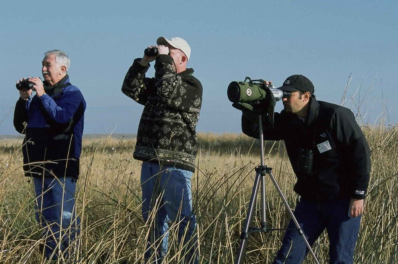 Photo of a group of birdwatchers on the filed watching birds